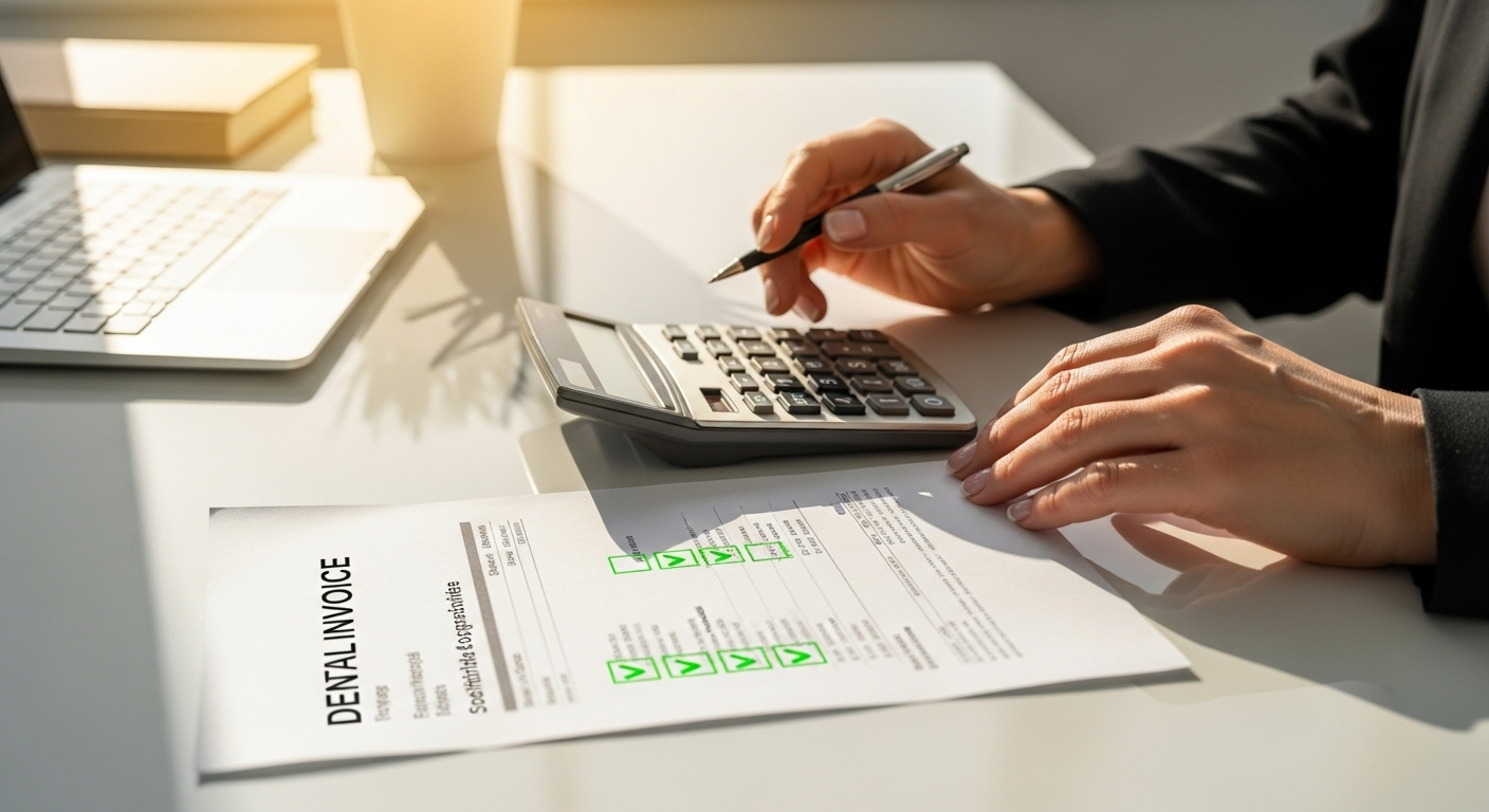 Ersparnis-Kalkulation - Taschenrechner und Zahnarztrechnung auf Schreibtisch, Hände berechnen Ersparnis